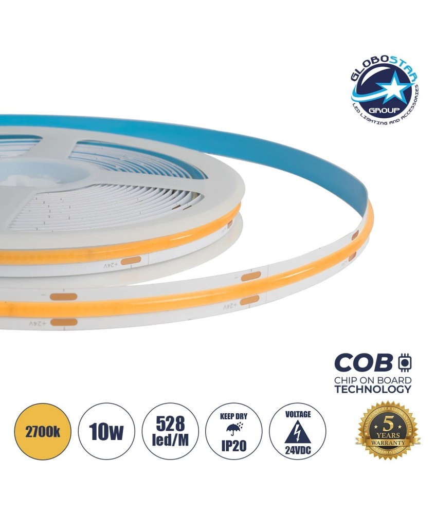GLOBOSTAR® BEE 70352 Ταινία LED 10W-m 900lm-m 120° DC 24V IP20 528 x COB Chip-m Θερμό Λευκό 2700K Dimmable - Sanan COB Chip - Μ500 x Π1 x Υ0.2cm - Ρολό 5 Μέτρων - 5 Χρόνια Εγγύηση